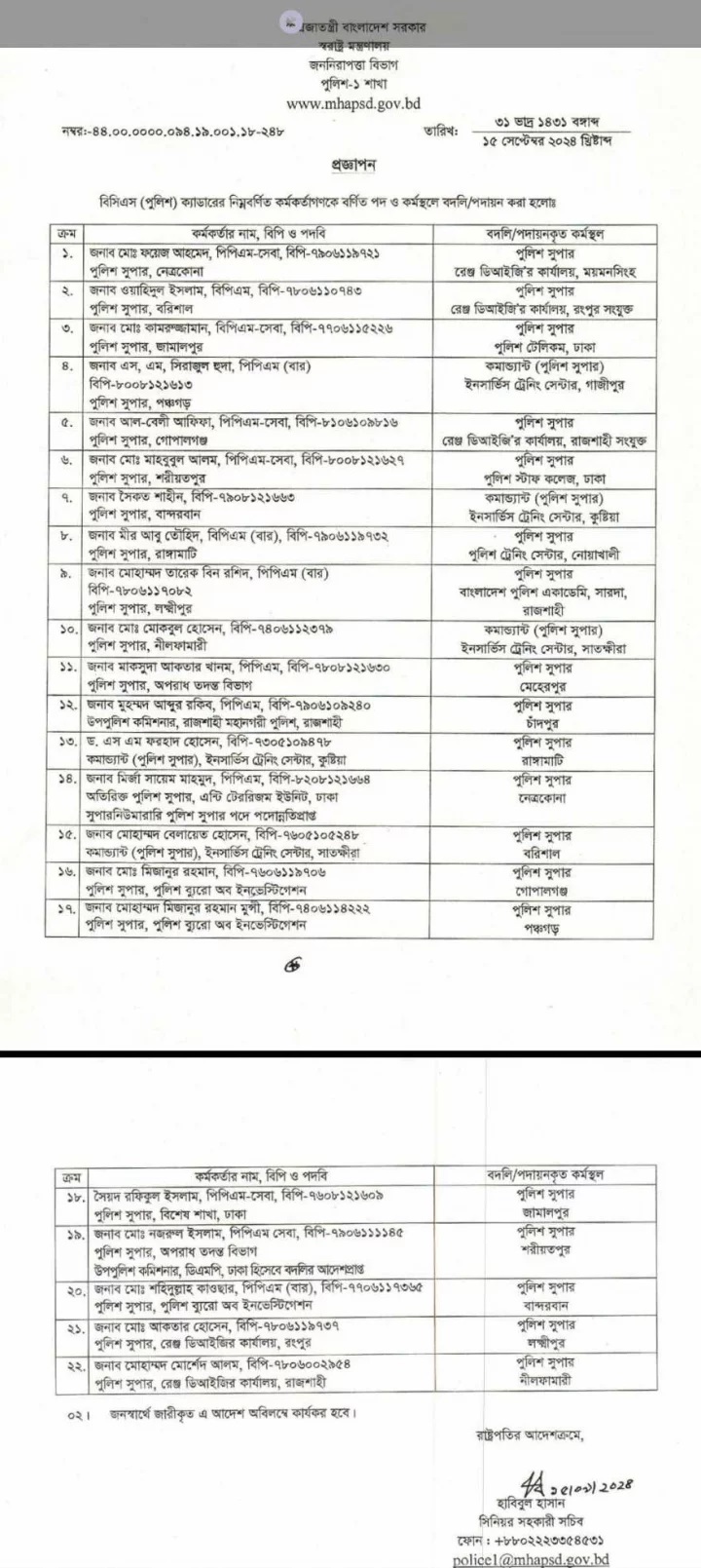 স্বরাষ্ট্র মন্ত্রণালয়ের জননিরাপত্তা বিভাগের সিনিয়র সহকারী সচিব হাবিবুল হাসান স্বাক্ষরিত বিজ্ঞপ্তি